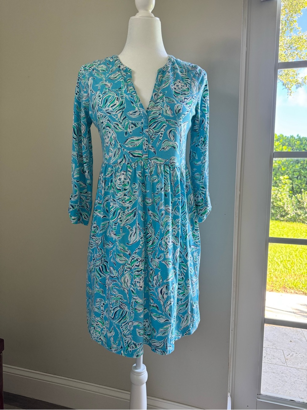 Lilly Pulitzer Loran Swing Dress Turquoise Oasis Outta Line V-Neck 3/4 Sleeve S